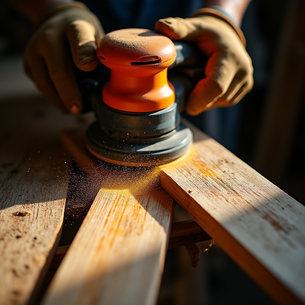 Szlifowanie drewnianego krzesła ogrodowego narzędziami elektrycznymi